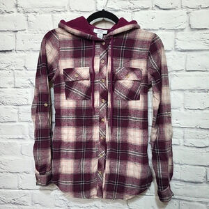 Just Polly Burgundy‎ Hooded Flannel Size XS Shacket MSRP 38 NWT Soft Full Button